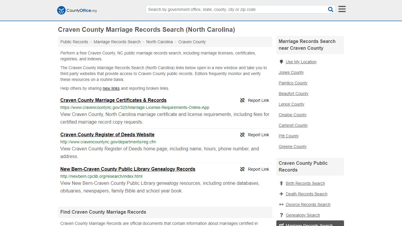 Craven County Marriage Records Search (North Carolina) - County Office