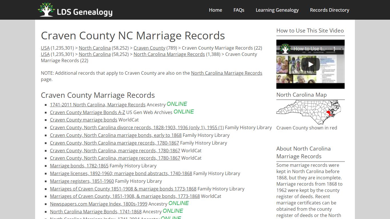 Craven County NC Marriage Records - LDS Genealogy