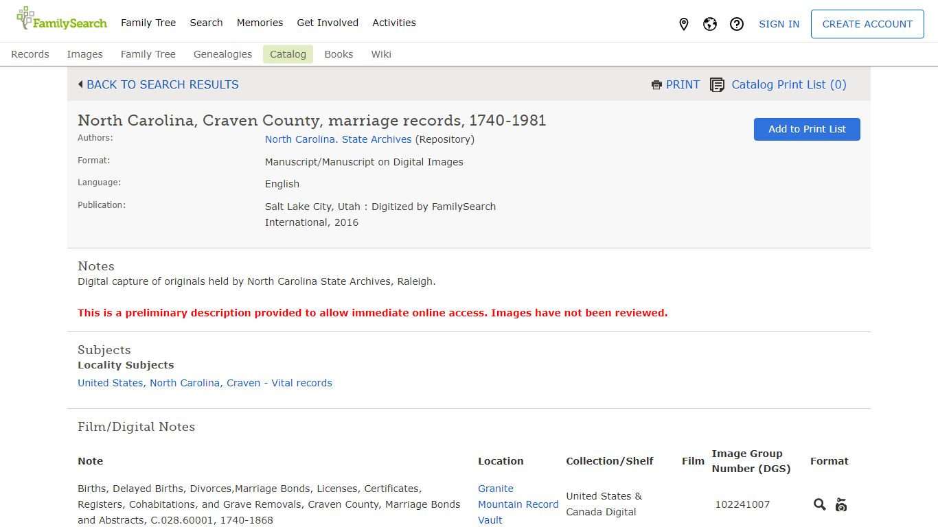North Carolina, Craven County, marriage records, 1740-1981